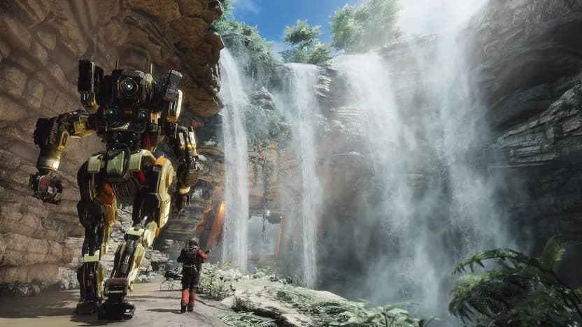 Titanfall 2 official screenshot of a pilot walking beside a Titan near a waterfall