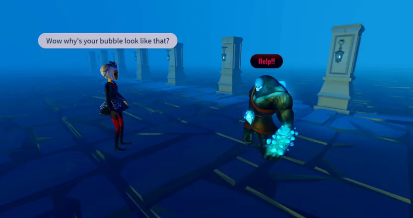Two characters talking in chat bubbles in a Roblox experience