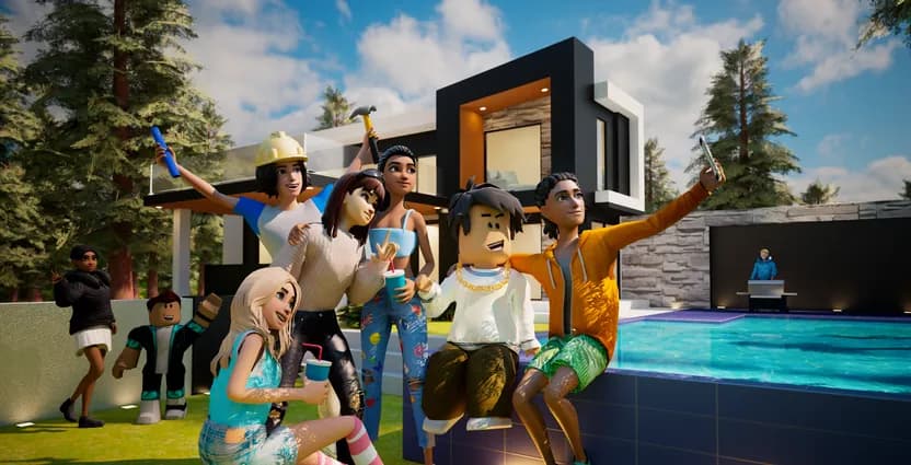 Roblox avatars hanging out by a pool