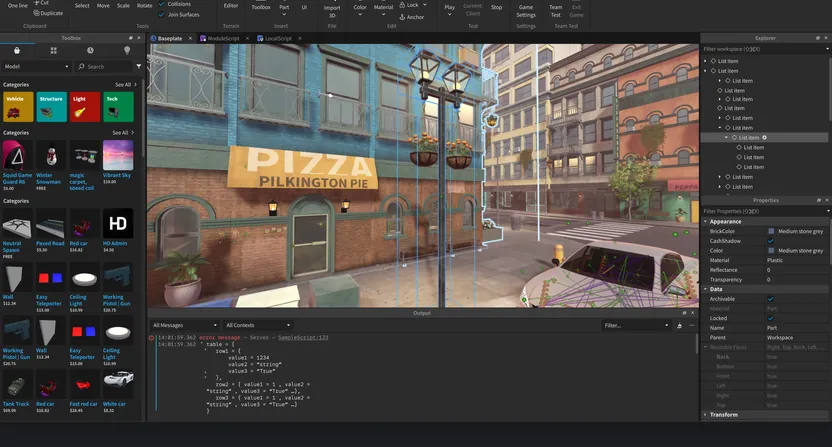 Roblox Studio with the Explorer and Properties panels open