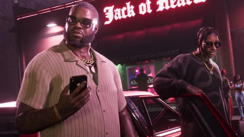Grand Theft Auto VI official screenshot of two characters outside a club