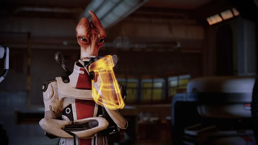 Mass Effect Legendary Edition official screenshot of a salarian crew member in the Normandy's lab