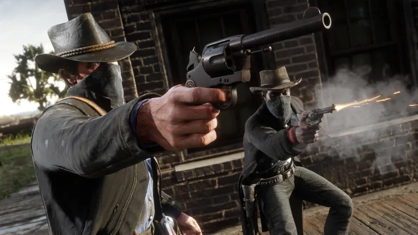 Red Dead Redemption 2 official screenshot of a gunfight in town