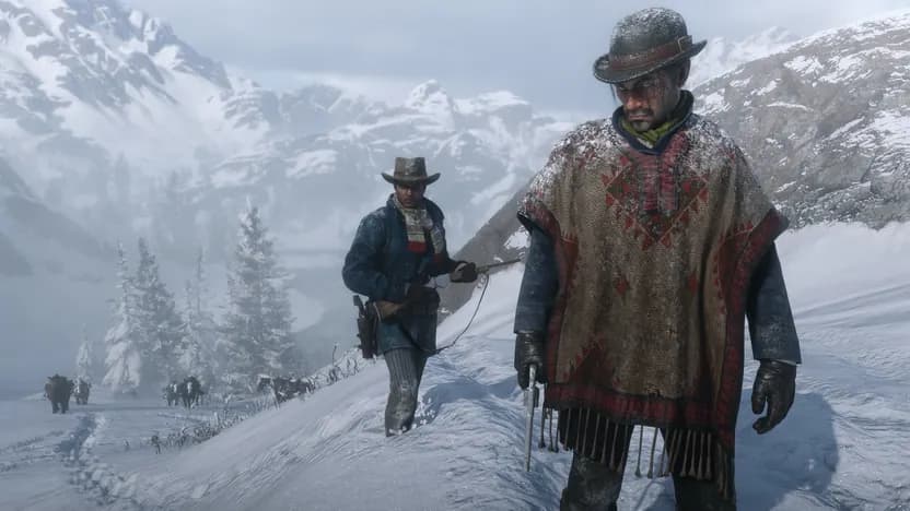 Red Dead Redemption 2 official screenshot of two riders in the snow