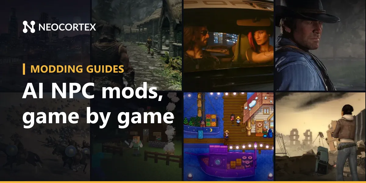 Game-by-game guides to AI NPC, voice command and quiz mods with Neocortex: GTA 5, GTA 6, RDR2, Skyrim, Fallout, Cyberpunk 2077, Minecraft and more.