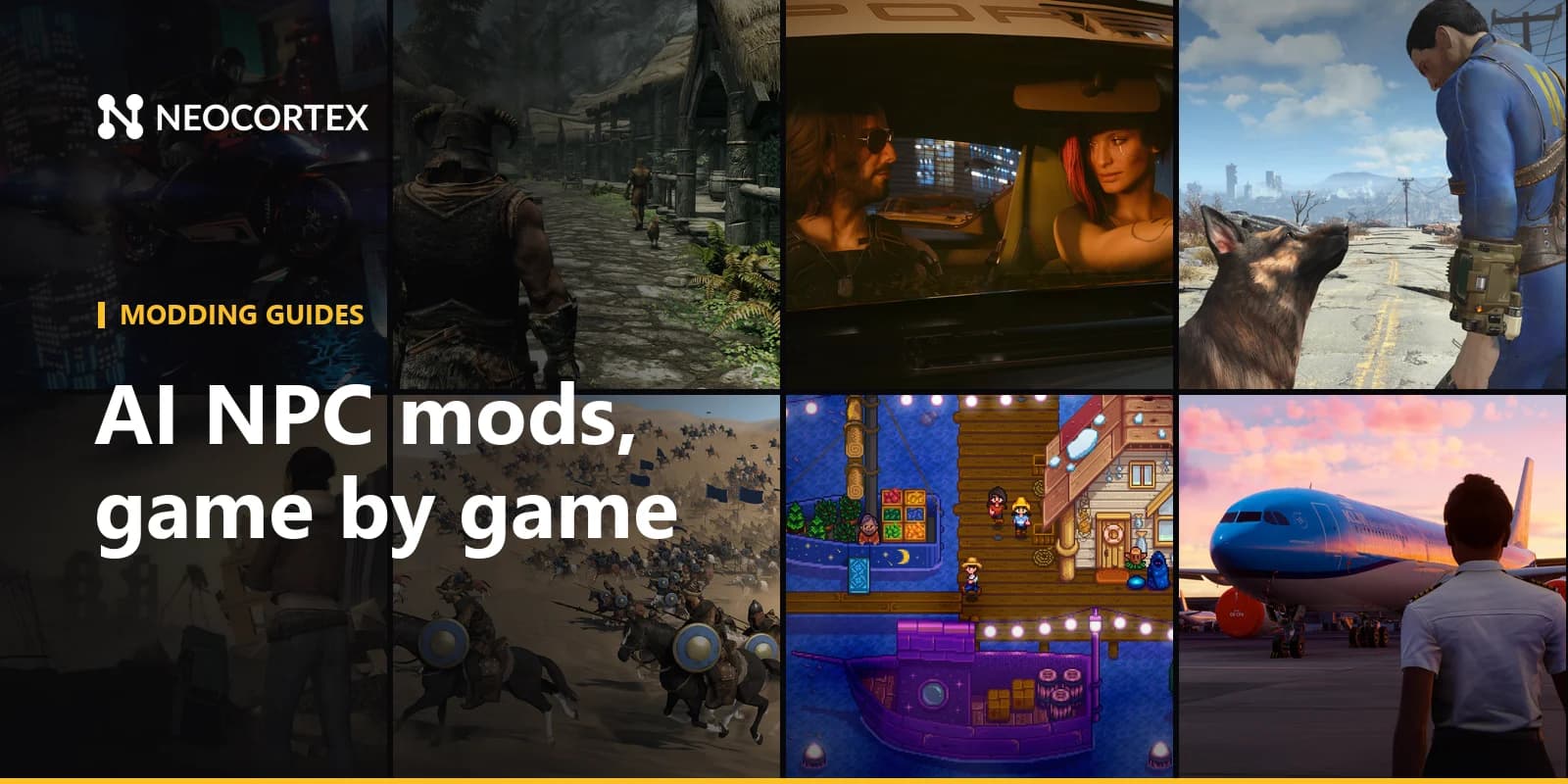Game-by-game guides to AI NPC, voice command and quiz mods with Neocortex: GTA, Skyrim, Fallout, Half-Life, Bannerlord, ETS2, Minecraft and more.