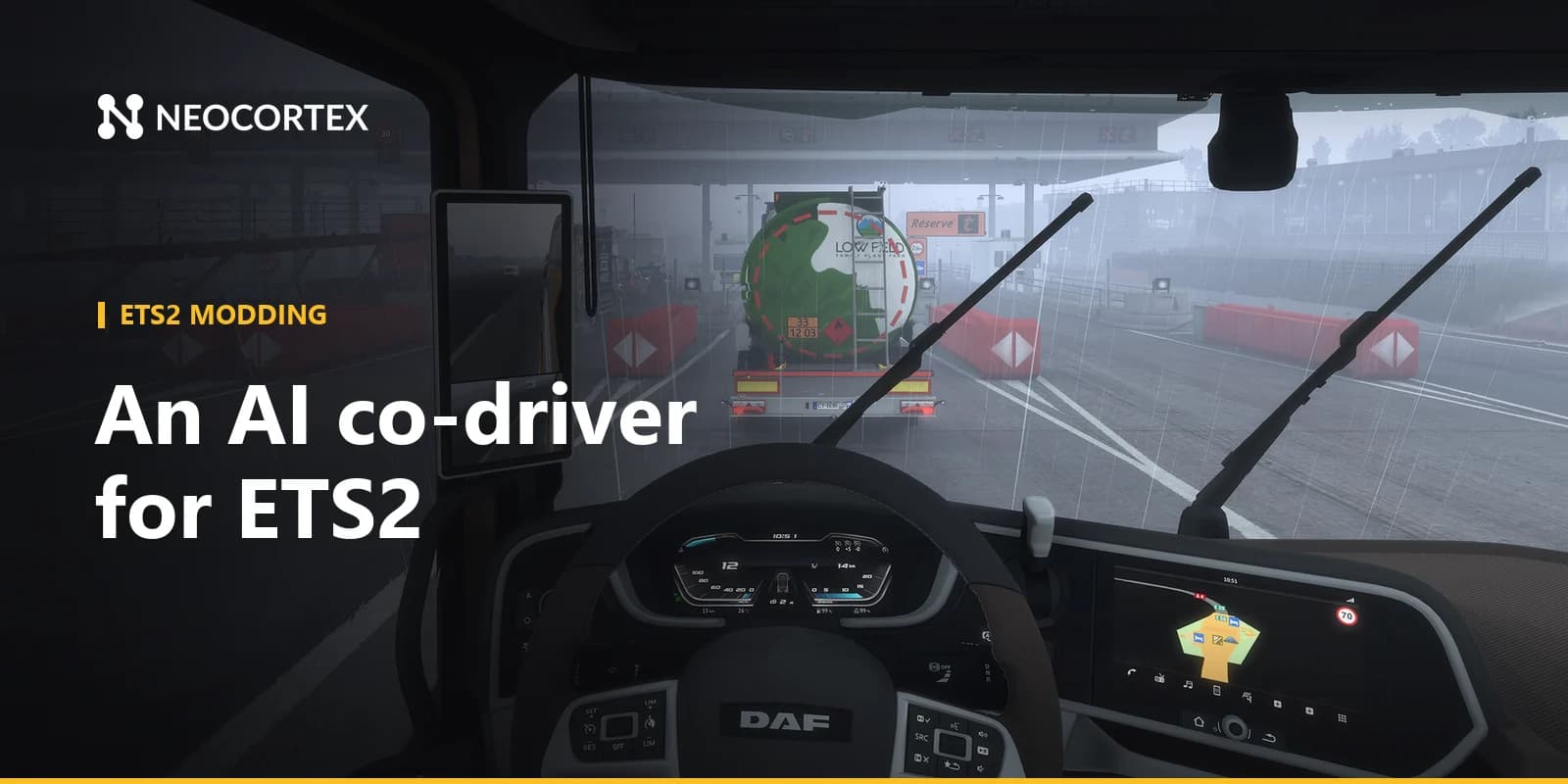 Build a Euro Truck Simulator 2 AI co-driver mod with Neocortex: a talking co-driver for deliveries, fuel and fatigue, voice commands and a long-haul quiz.