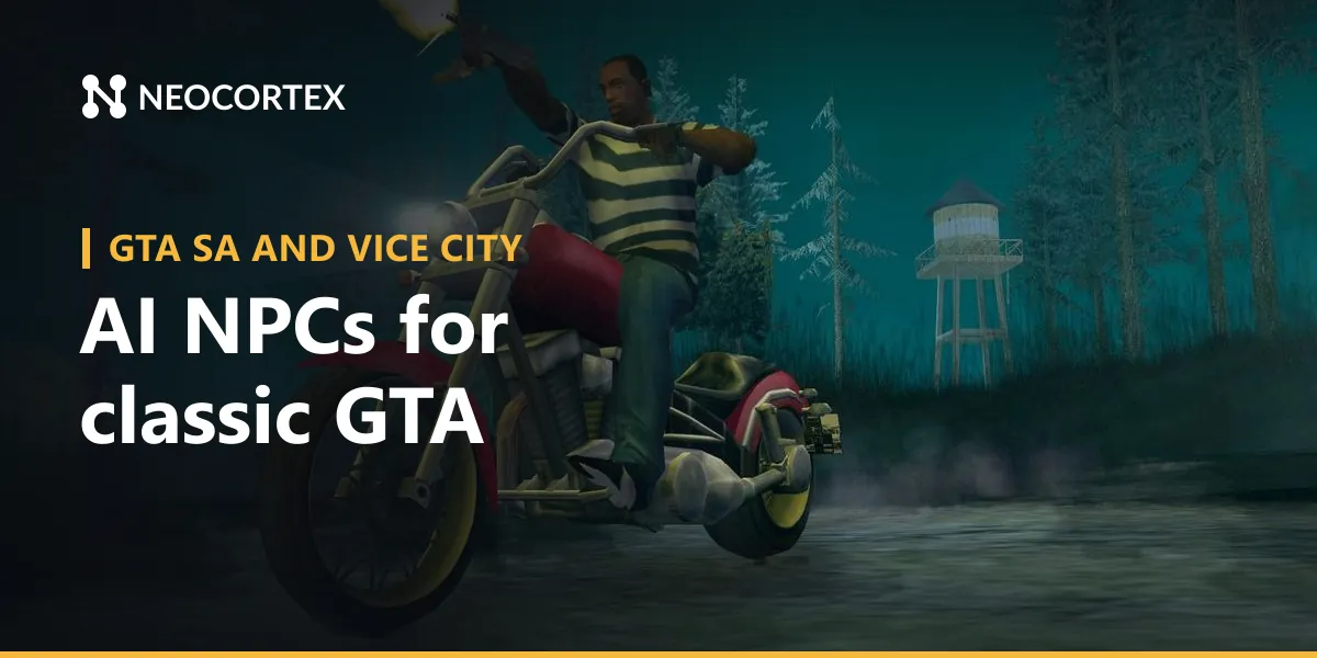 Build a GTA San Andreas AI NPC mod for SA, Vice City or GTA III with Neocortex: talking NPCs, voice commands for your crew and a radio-style trivia quiz.