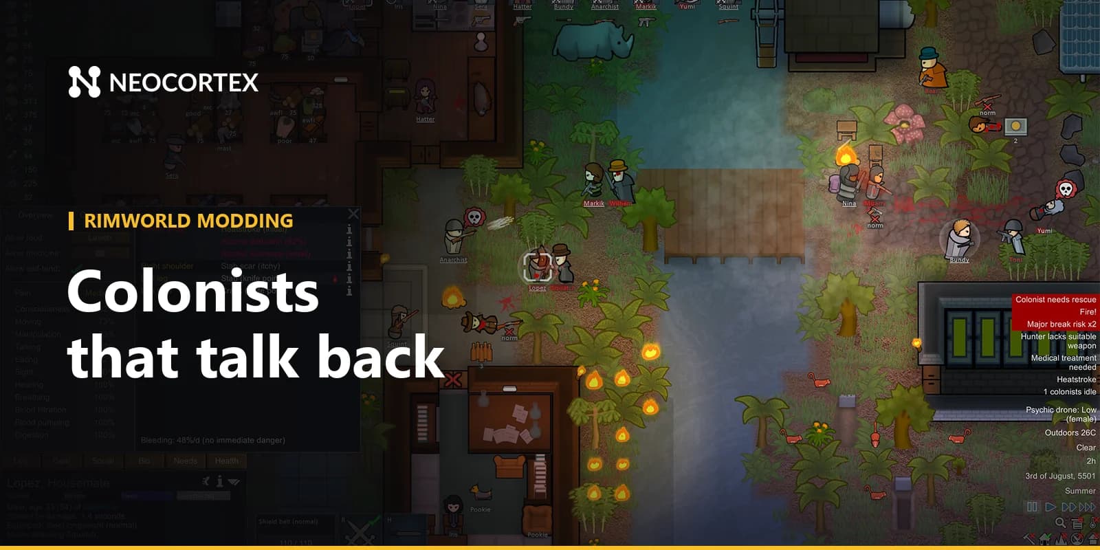 Build a RimWorld AI colonist dialogue mod with Harmony and Neocortex: colonists who talk about their mood, storyteller commentary and voice orders.