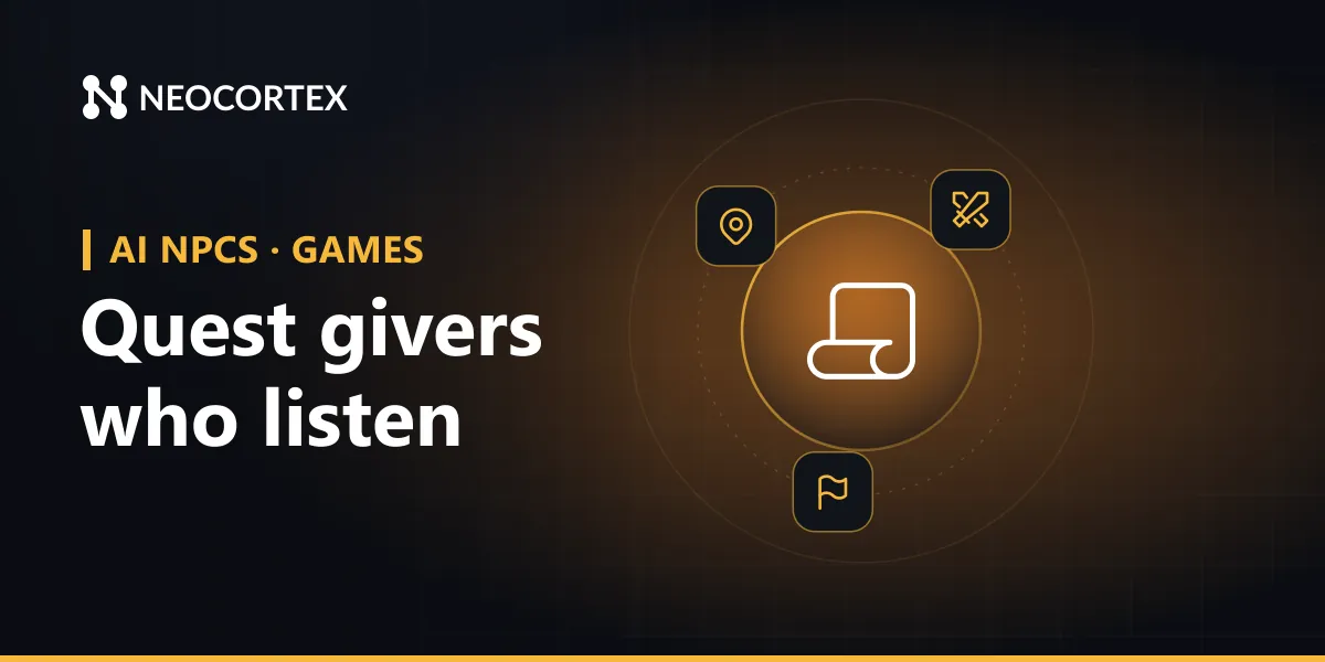 Build AI quest giver NPCs with Neocortex: players talk freely, bargain or lie, while Conversation Flows keep every quest on its story beats.